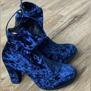 Blue crushed velvet booties.